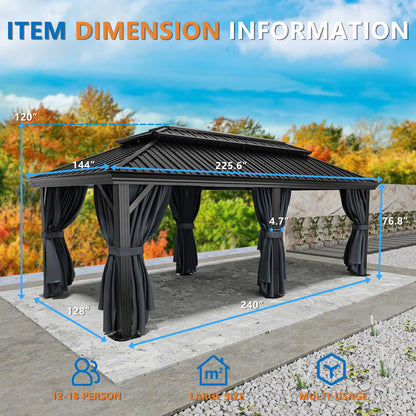 HOTEEL 12x20 Hardtop Gazebo on clearance with Metal Roof & Drainage System, Heavy Duty Galvanized Steel Gazebo with Aluminum Frame, Privacy Curtains and Netting, for All-Weather, Black (2026 Upgraded)