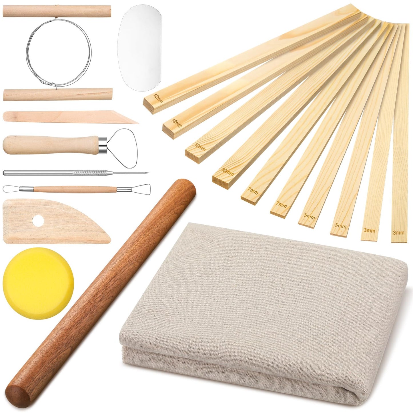 Baderke 20 Pcs Pottery Teaching Set, Includes 1 Wooden Rolling Pin, 10 Pottery Teaching Rolling Mud Stick Guide, 8 Clay Sculpting Tools, 1 Special Linen for Ceramic Clay Making
