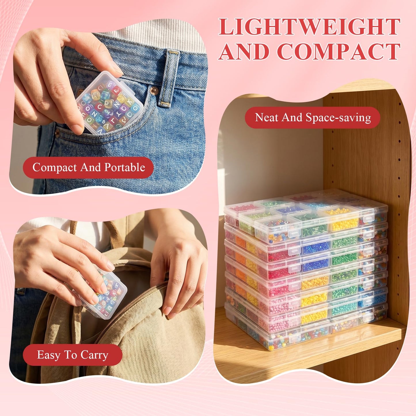 Supkiir Bead Organizer Box, 64 Pcs Small Plastic Bead Storage Containers, Clear Craft Organizers and Storage with Hinged Lid and Labels for Diamond Painting Art, Seeds, Nail Art and Small Parts