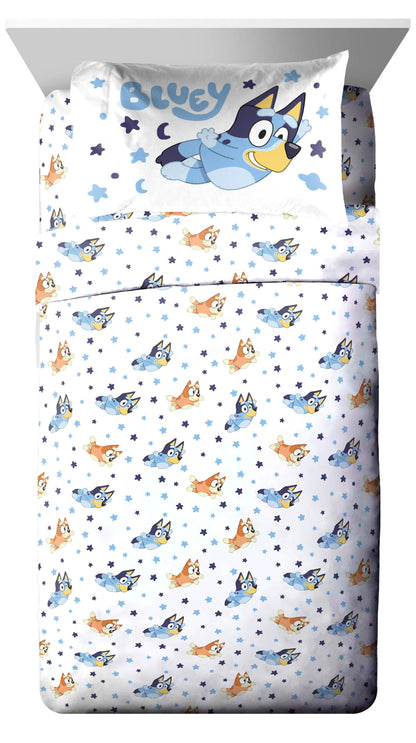 Jay Franco Bluey & Bingo Twin Comforter Set - 5 Piece Bed Set Includes Sheet Set & Pillow Covers - Super Soft Clouds & Stars Kids Bedding