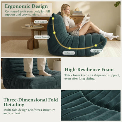 LineCrispton Bean Bag Chair for Adults – Loveseat Memory Foam Chair with Luxury Fabric, Compressed Sofa in a Box for Living Room, Bedroom & Home Office (Dark Green)
