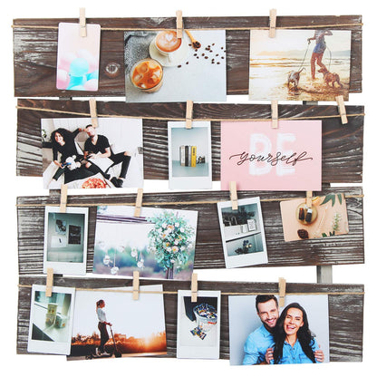 J JACKCUBE DESIGN Wall Mount Rustic Wood Clip Photo Holder, Photo Collage Frame for Multi Photo Display Wall Décor with 24 Clips 17.5 X 17.3inch - MK558A