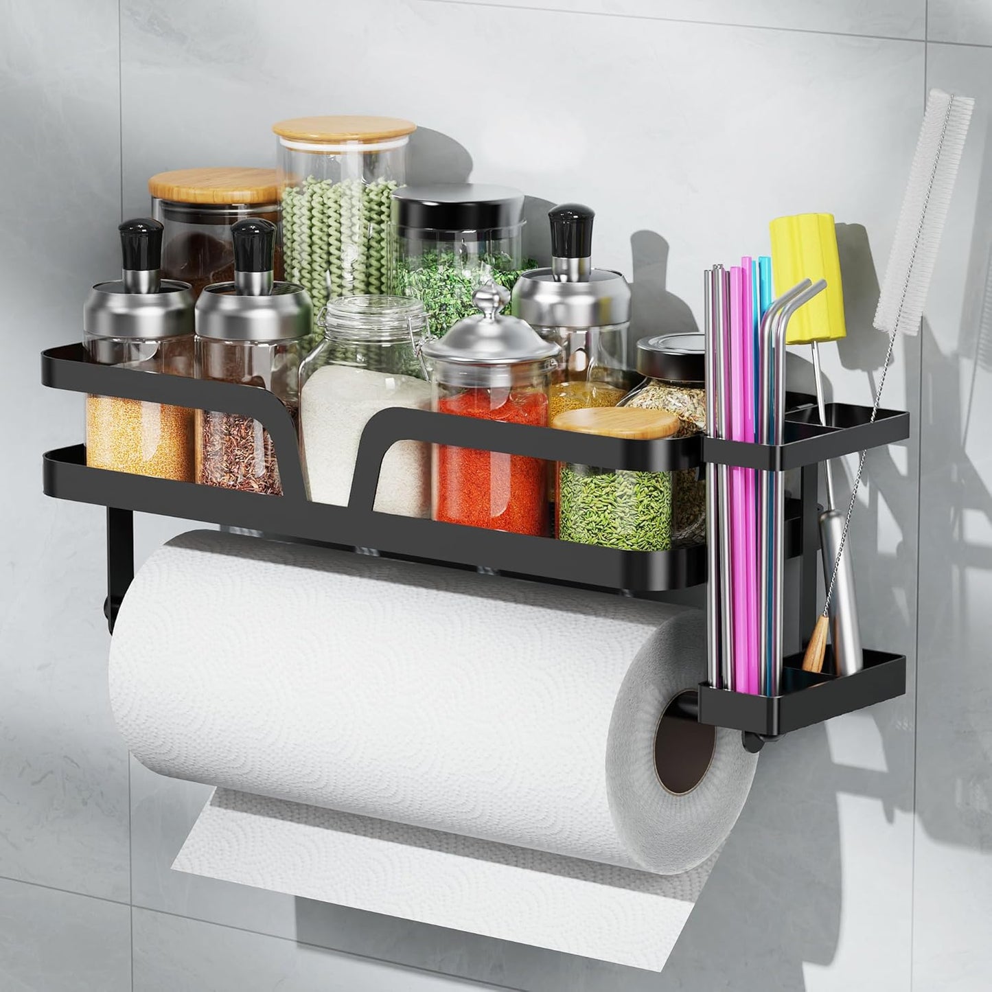 Taozun 4 Paper Towel Holder with Shelf & Side Straw Basket, Black Kitchen Paper Holder Spice Rack Black Paper Towel