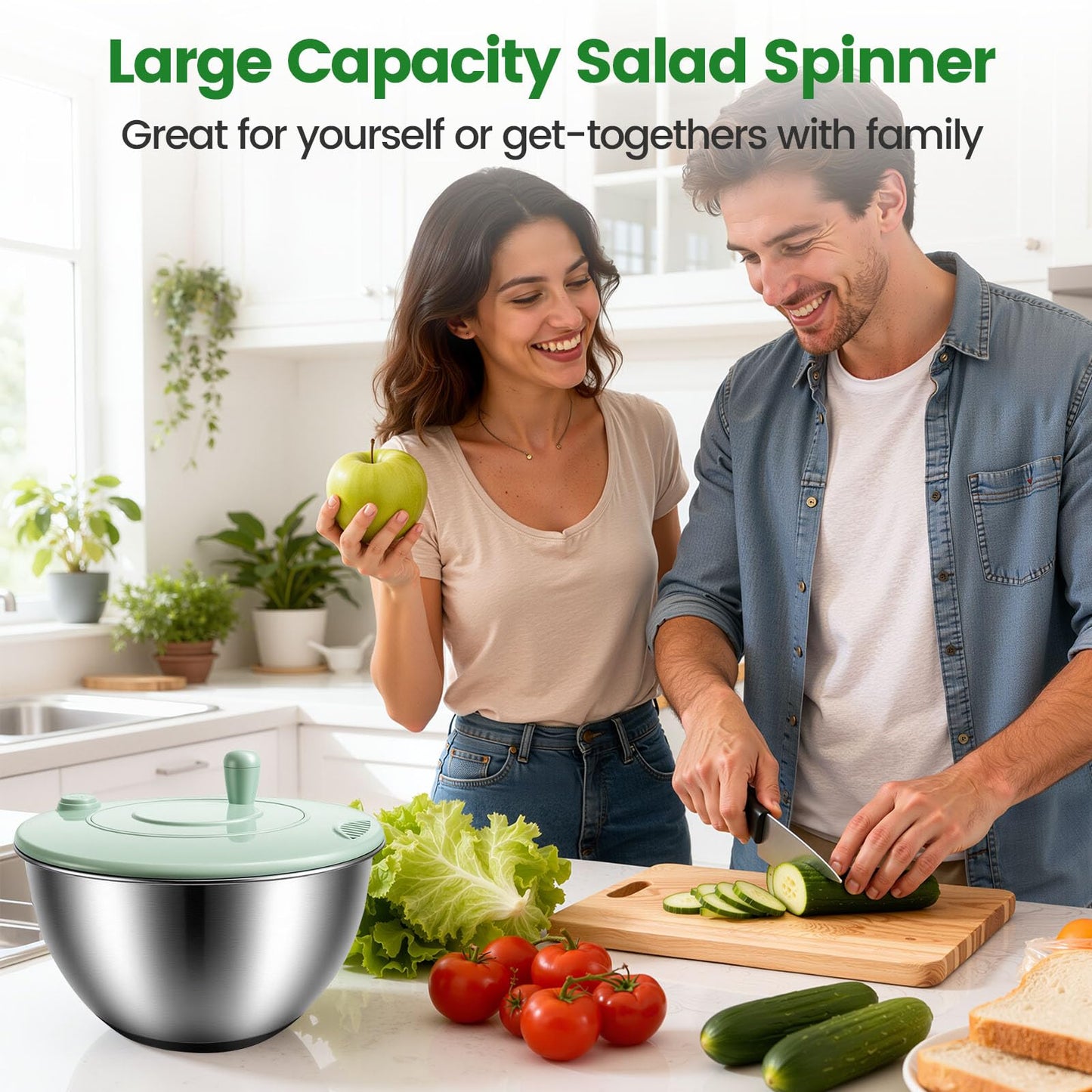 Stainless Steel Salad Spinner 3-in-1, One-Touch Stop and Non-Slip Base, Vegetable Dryer for Kitchens, Parties, and Health-Conscious People, 5.3 Qt
