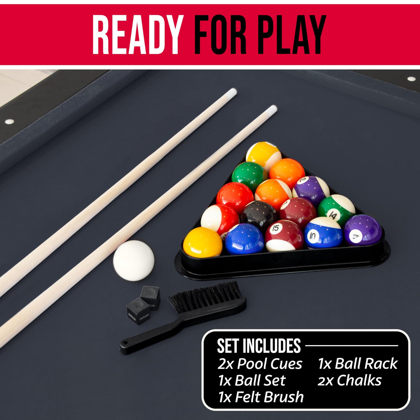 GoSports Full Size 8 ft x 4.2 ft Billiards Game Table - Foldable Design, Includes Full Set of Pool Balls, 2 Cue Sticks, Chalk, and Felt Brush - Black