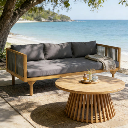 Merax Outdoor Acacia Wood Conversation Set - Patio 3-Seat Loveseat Sofa w/Coushion and Round Coffee Table for Backyard, Lawn, Balcony, Water Repellent, 600 lbs Sofa Capacity, Teak + Gray