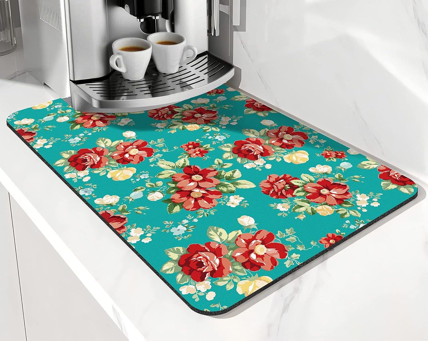 Coffee Bar Mat Accessories for Countertop, Pioneer Flower Rubber Backed Dish Drying Mats, 20x12in, Fit Under Coffee