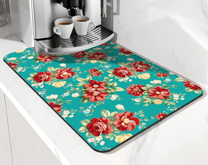 Coffee Bar Mat Accessories for Countertop, Pioneer Flower Rubber Backed Dish Drying Mats, 20x12in, Fit Under Coffee