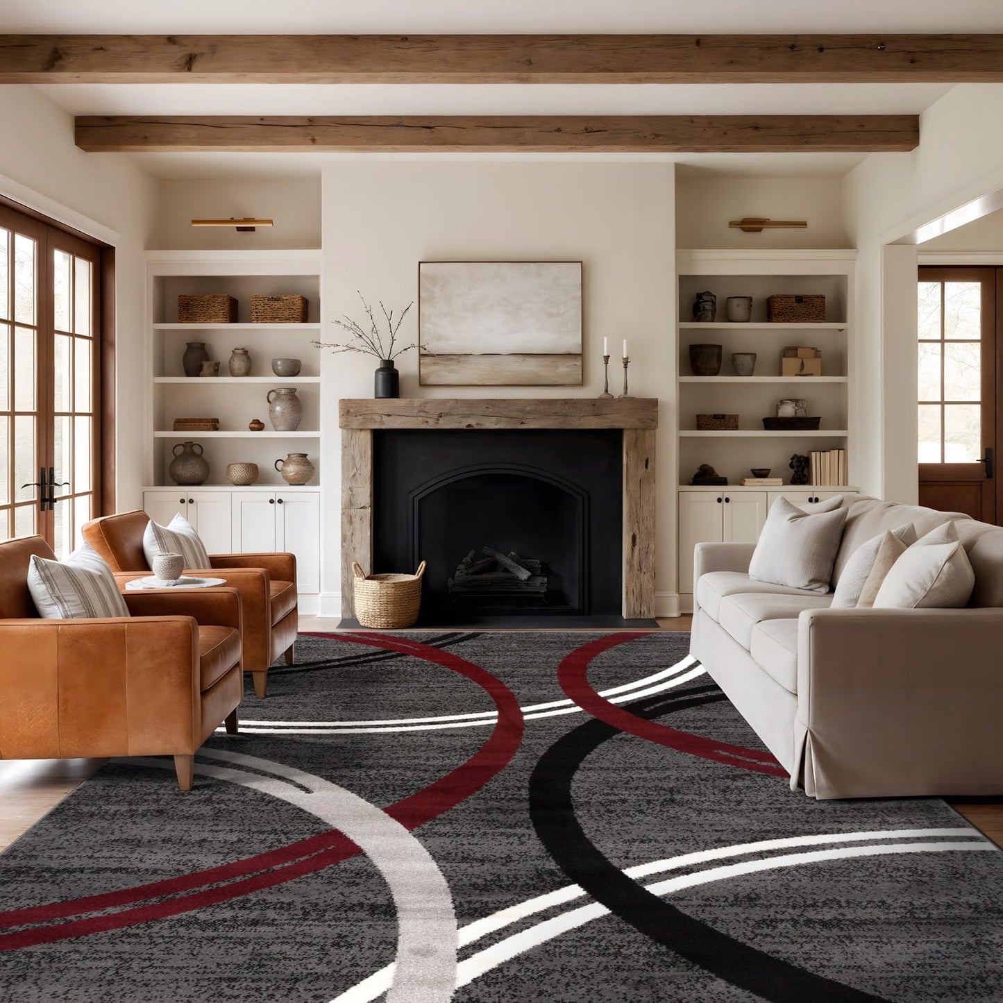 Rugshop Modern Wavy Circles Design Non-Shedding Area Rug, Carpet for Living Room, Dining Room, or Office,Grand Room,Open Spaces Red, 10' x 14'