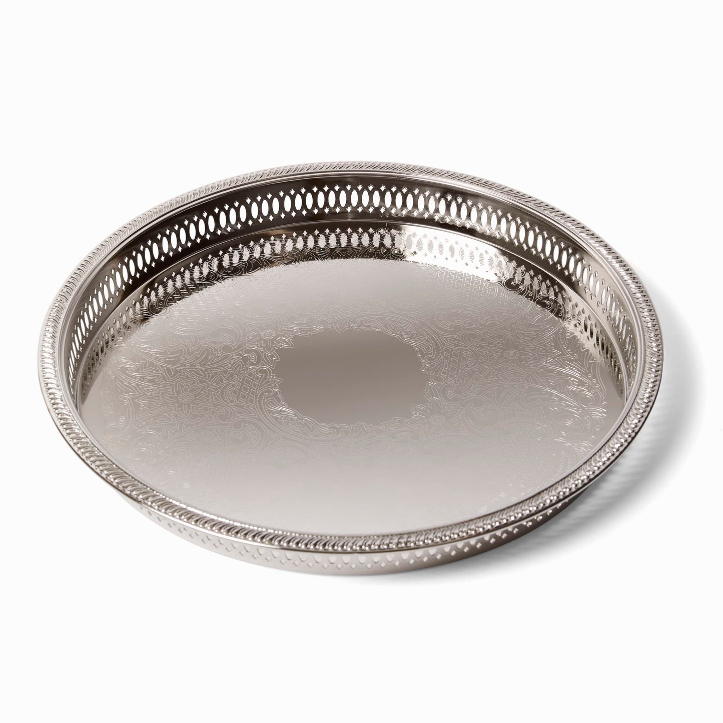 Elegance Round Metal Serving/Bar Tray,12.75 Inch Nickel Plated with Decorative Embossing Serves Champagne,Whiskey and Drinks – Silver Tone Drink,Perfume,Ottoman Tray for Home Bar,8924N