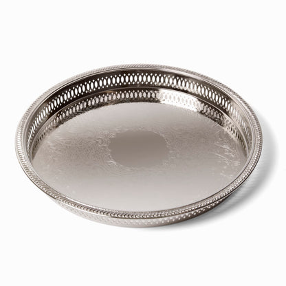 Elegance Round Metal Serving/Bar Tray,12.75 Inch Nickel Plated with Decorative Embossing Serves Champagne,Whiskey and Drinks – Silver Tone Drink,Perfume,Ottoman Tray for Home Bar,8924N