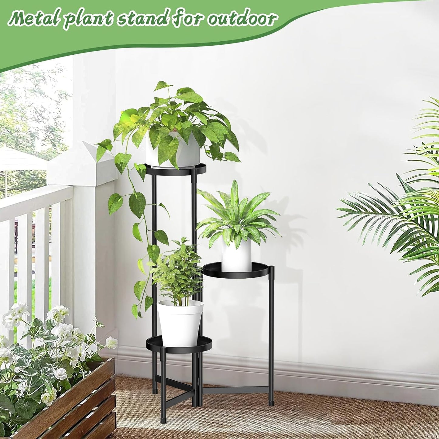 3 MOKANI Metal Plant Stand Indoor Outdoor for Multiple Plants, Tiered Folding Corner Shelf Tall Flower Pot Holder