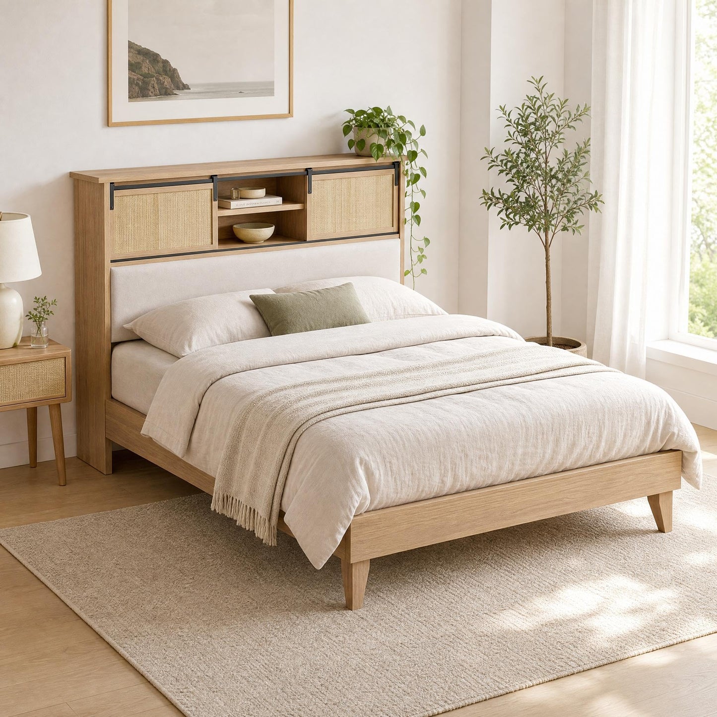 GarveeHome Full Size Solid Wood Bed Frame with Storage Shelves, Rattan Upholstered Bookcase Headboard with Sliding Doors & Adjustable Shelf, No Bos Spring Needed, Natural Solid Wood