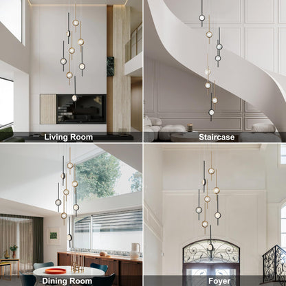 Voerqi 8-Light Chandelier,Crystal Globe Ball Bubble Chandelier with Special Black Gold pins.Black and Gold Chandelier for Spiral Staircase, Foyer, Entryway,High Ceiling (24W)