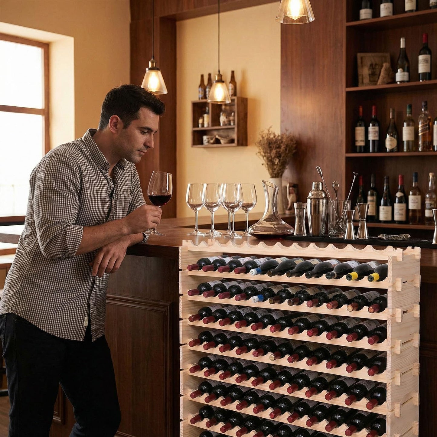 fdjamy Wine Rack freestanding Floor Cabinet 144bottle Wood Stackable Storage Modular Wine Holder Display Shelves ﻿