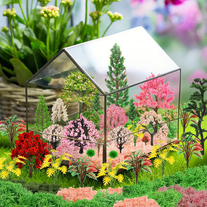 QUOZUO 36 Pcs Mixed Model Trees with 40g Moss Pink and Green, Diorama Trees Grass Mini Fake Miniature Trees Moss for Building Model, Model Train Scenery, Natural Green Landscape, Railroad Scenery