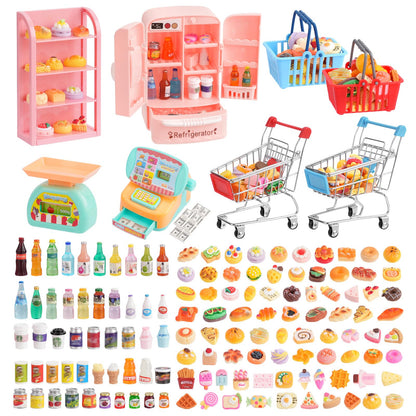 165Pcs Mini Shopping Cart Basket Miniature Food Drink Toy Supermarket Metal Handcart Shelves Cash Register Fridge Food Scale Trolley Dollhouse Store Grocery Accessories Kitchen Play Game Party Model