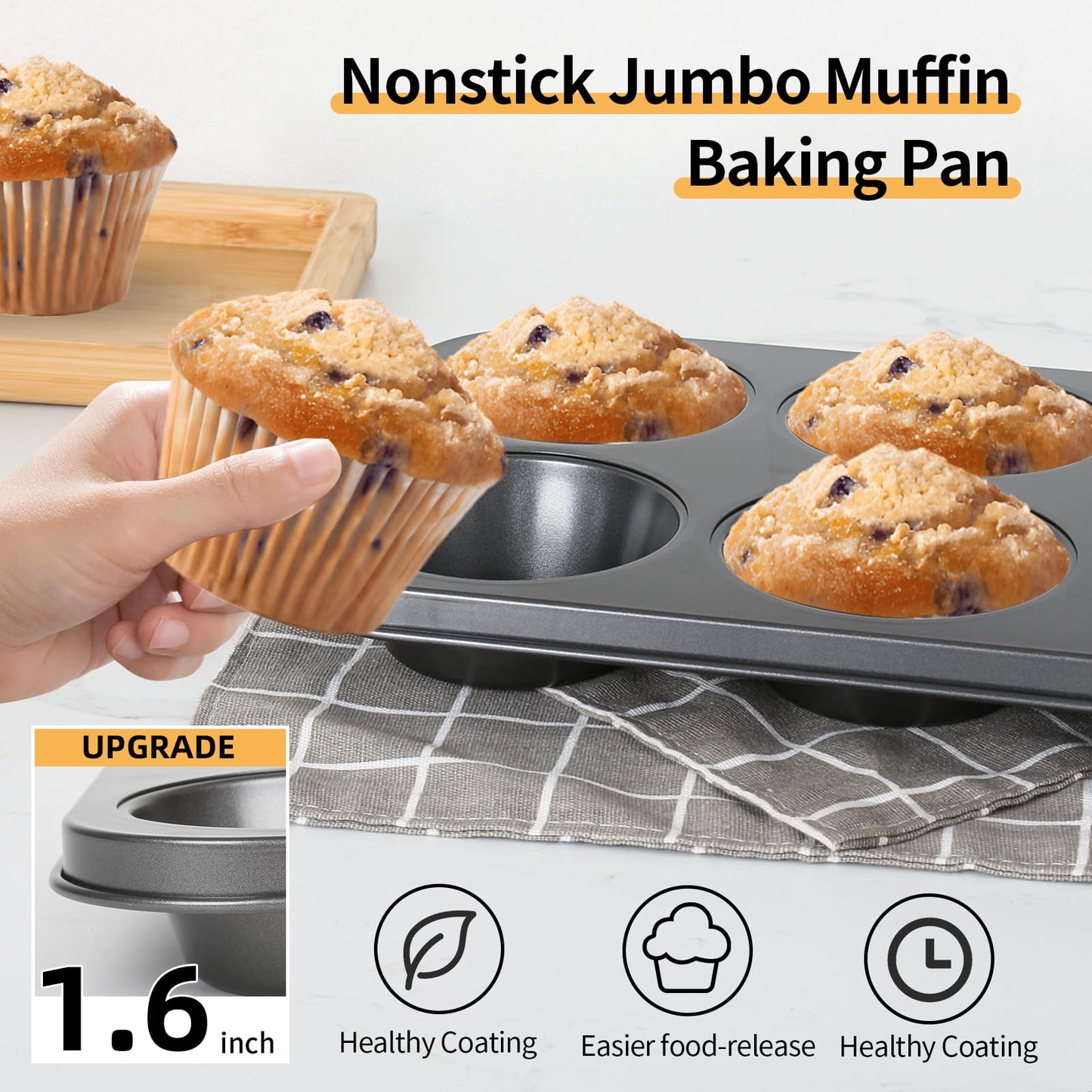 Audingull Jumbo Muffin Pan 6-Cups Cupcake Pan, Premium Large Muffin Tin for Baking, Non-Stick and Thickened Carbon Steel Jumbo Cupcake
