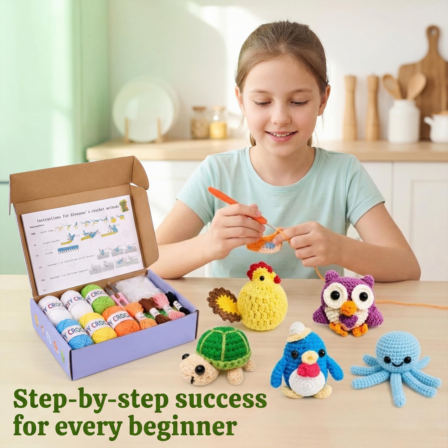 Crochet Kits for Begainners – 6 pcs Animal Amigurumi Set, 6 pcs Zipper Bag, Beginner Crochet Starter Pack for Adults & Kids, Learn to DIY Craft Stitch with Yarn, Hooks, Stuffing & Paper Instructions