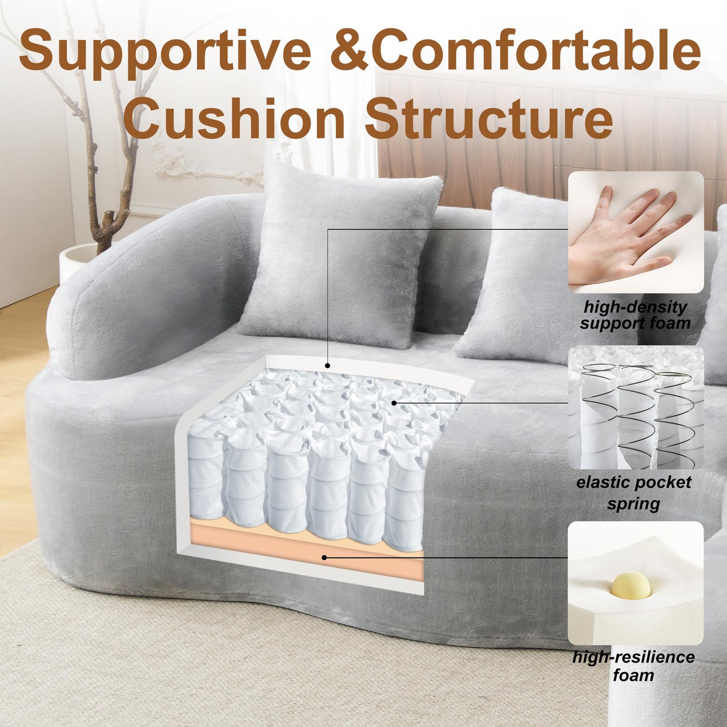 104.7” Cloud Sectional Sofa with Chaise Lounge, Boneless Curved Couch, Deep Seat Chenille Fabric Oversized Modern Sofa for Apartment Living Room