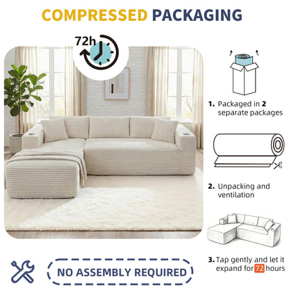 Shintenchi Boneless Couches for Living Room,Modular Sectional Sofa with 2 Cup Holders,Memory Foam Cloud Couch with L Shaped Oversized Chaise,No Assembly Needed Plush Corduroy Sofa,White