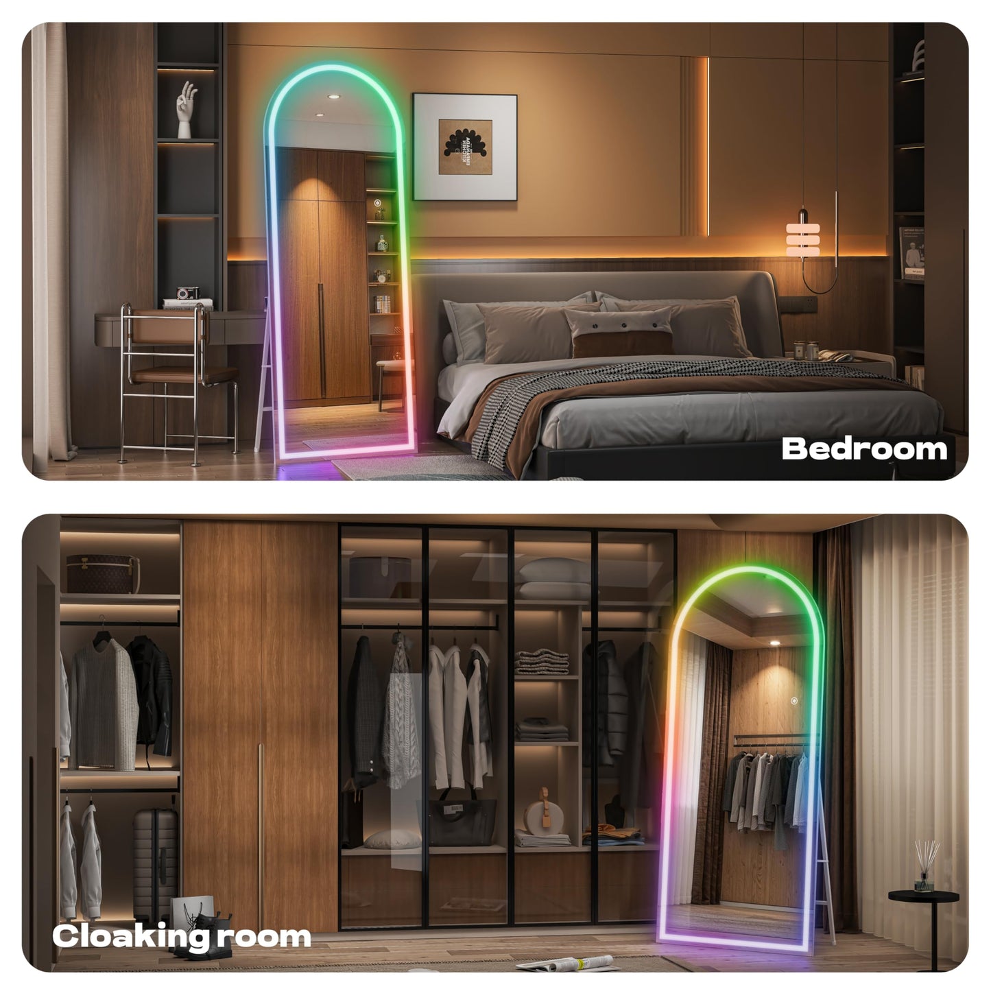 Hasipu Arch Full Length Mirror 83 x 36 in with Stand — Arch LED RGB Full Body Mirror, 7 Lighting Modes, Dimmable, Built‑in Bluetooth Speaker, White Frame for Bedroom Dressing Room