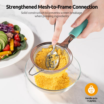 U-Taste Small Fine Mesh Strainer: 18/8 Stainless Steel 3.35in 30 Mesh Kitchen Food Sieve with Sturdy Riveted Silicone Handle, Heavy Duty Deep Handheld Metal Colander for Tea, Juice (Aqua Sky)