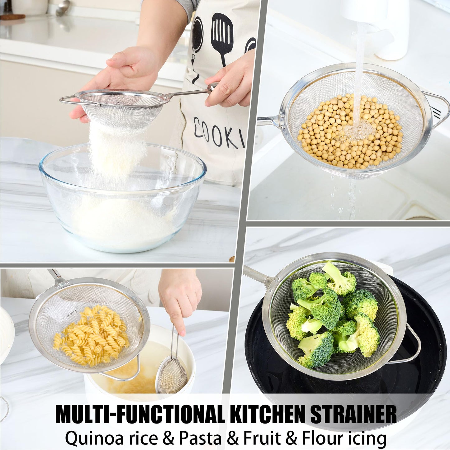Stainless Steel Fine Mesh Strainer Set (3 Sizes 12/14/18cm, 40 Mesh) – 304 Food Grade, For Pasta, Rice, Flour & Tea – Reinforced Handle, Hook Rest, Heat-Safe Grip, Dishwasher Safe