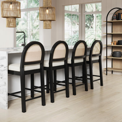 Nathan James Bailey Boucle Upholstered Rattan Bar Stool, Counter Height Stool with Natural Rattan Woven Back For Kitchen Island, White/Black Oak, Set of 4