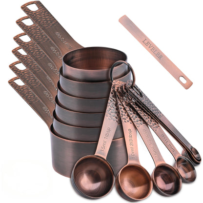 Smithcraft Measuring Cups and Spoons Set 14, Copper Measuring Cups and Spoons Set for Dry & Liquid, Metric & US Stainless Steel 6 Measure Cups and 7 Spoons Set w/Leveler for Kitchen & Baking