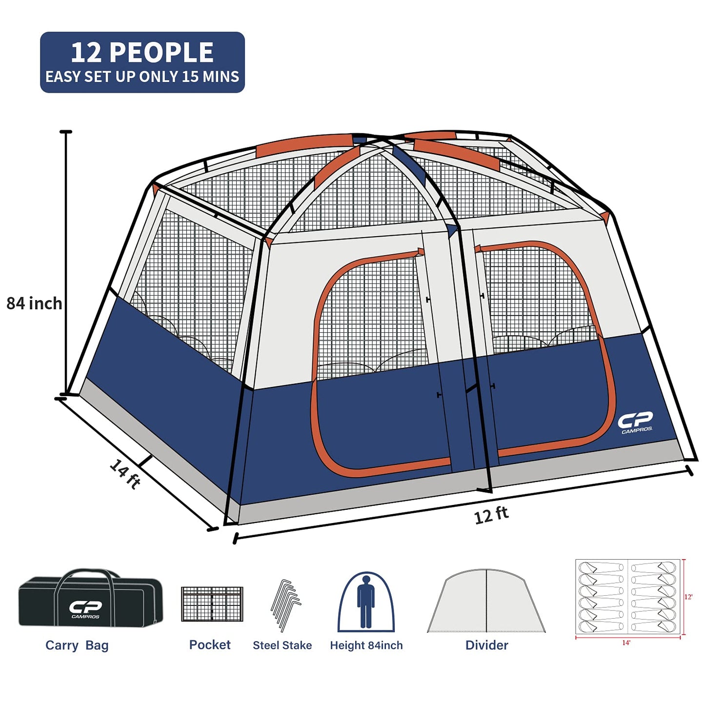 CAMPROS CP 12 Person Cabin Tent, 2 Room Extra Large Straight Wall Camping Tents Waterproof Windproof with Top Rainfly, 6 Large Mesh Windows, Double Layer, Easy Set Up Family Tent