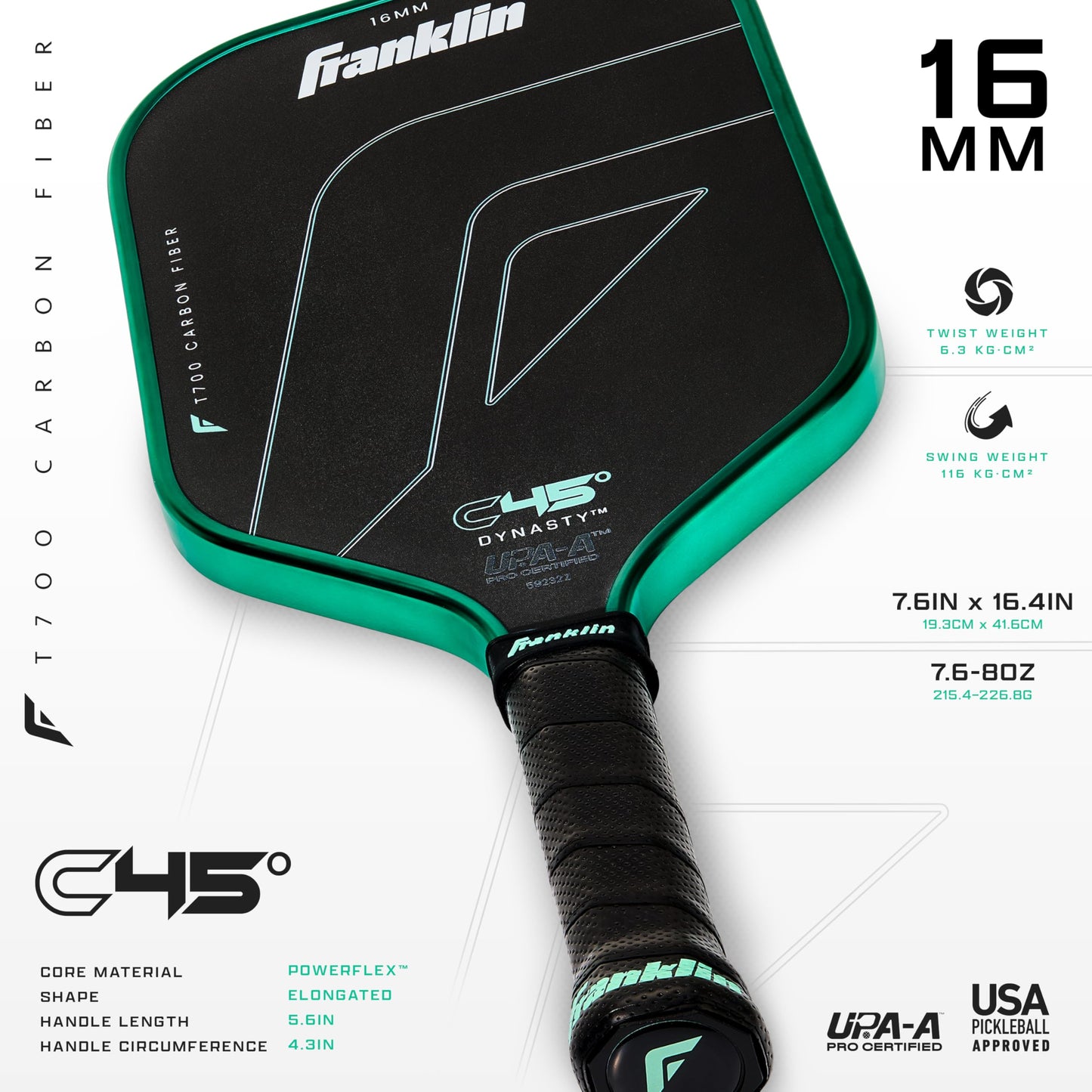 Franklin Sports PRO Pickleball Paddles – C45 Carbon Fiber Series - Official USAP + UPA Approved – Pro Player Design, DYNASTY 16MM MINT