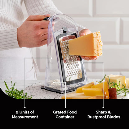 Cheese Grater with Handle - Box Grater Cheese Shredder - Stainless Steel Food Grater - Garlic Crusher and Mincer Tool