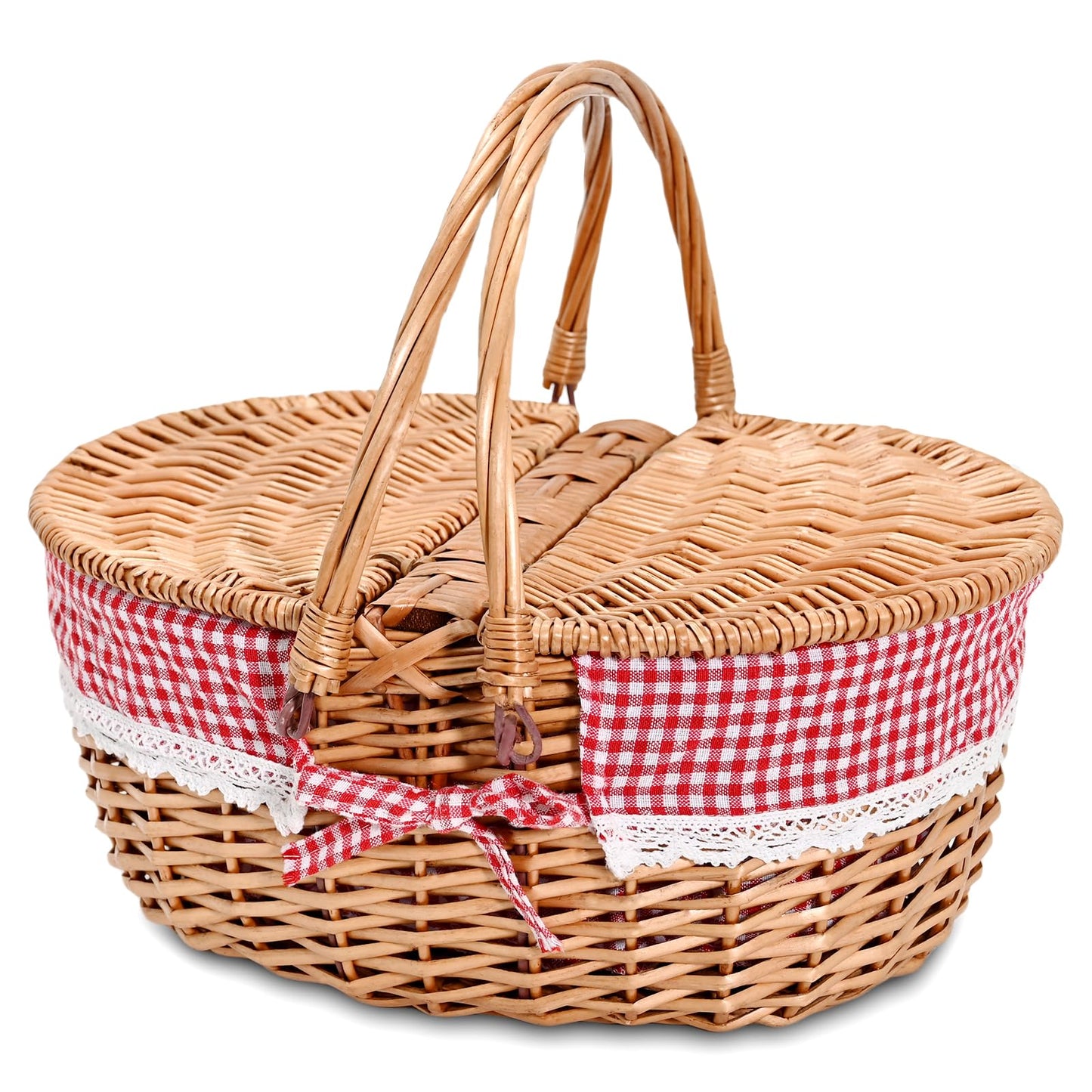 Wicker Picnic Basket with Removable Liner Empty Picnic Baskets with Lid for 2, Picnic Hamper with Foldable Handles for Picnic 2,Checkered