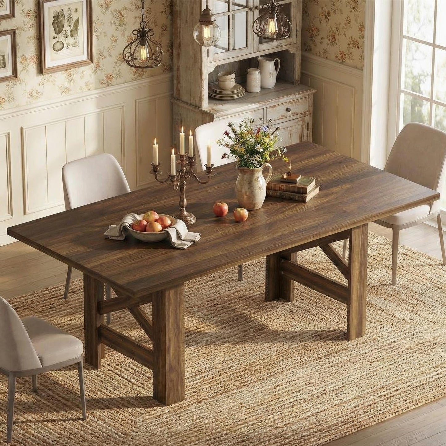 GarveeHome Dining Table for 6-8, 71" Long Large Wooden Farmhouse Kitchen Table with Thick Sturdy Frame, Rectangular Dining Room Dinner Table with Stable Triangular Legs for Kitchen,Office, Retro Brown