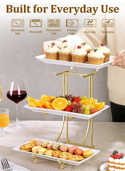Yedio 3 Tier Serving Tray Set – 12 Inch Porcelain Serving Platters with Pre-Assembled Gold Metal Stand, No Installation Required, Tiered Tray for Dessert Fruit Food Display and Party Entertaining