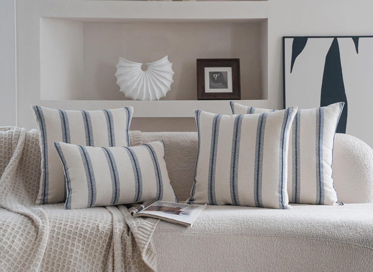 22x22 Set 2, Cethom Boho Throw Pillow Covers of Navy Blue Striped Decorative Pillow Cases for Couch Chair Bed, Textured