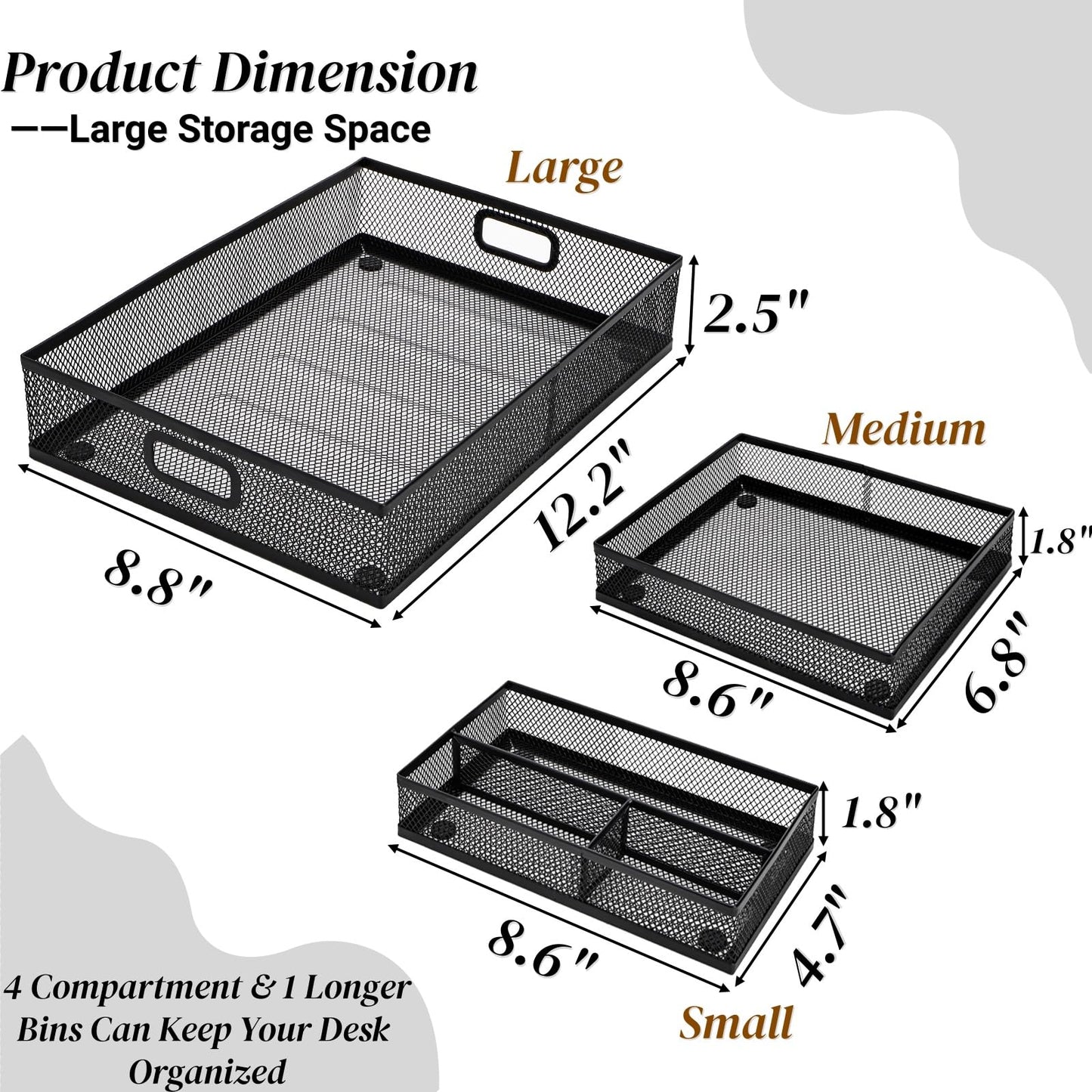 Noamus 3 Pack Office Drawer Organizer, Desk Drawer Divider Tray, Metal Mesh Desktop Basket, 6 Compartments Pen Storage Box for Makeup, Stationery, Office Supplies & Accessories, Kitchen(Black,3 Size)