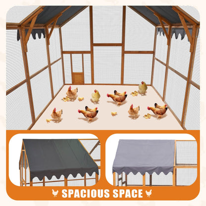 KEIKI 110" L Outdoor Large Chicken Coop with Waterproof Cover, Wire Mesh & 2 Lift Small Doors with Locks, Wood Chicken Coop House with Run for Cat Kitten Playpen, Duck, Rabbit, Quail