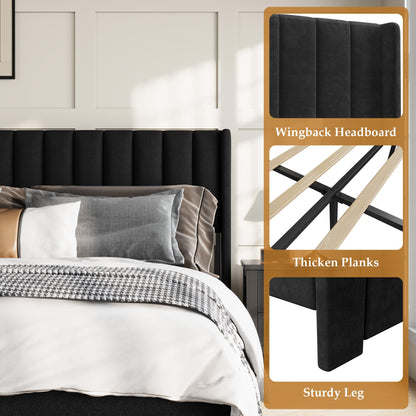 Garvee King Size Bed Frame, Velvet Upholstered Bed Frame with Wingback Headboard, 2 Storage Drawers, No Box Spring Needed, Black