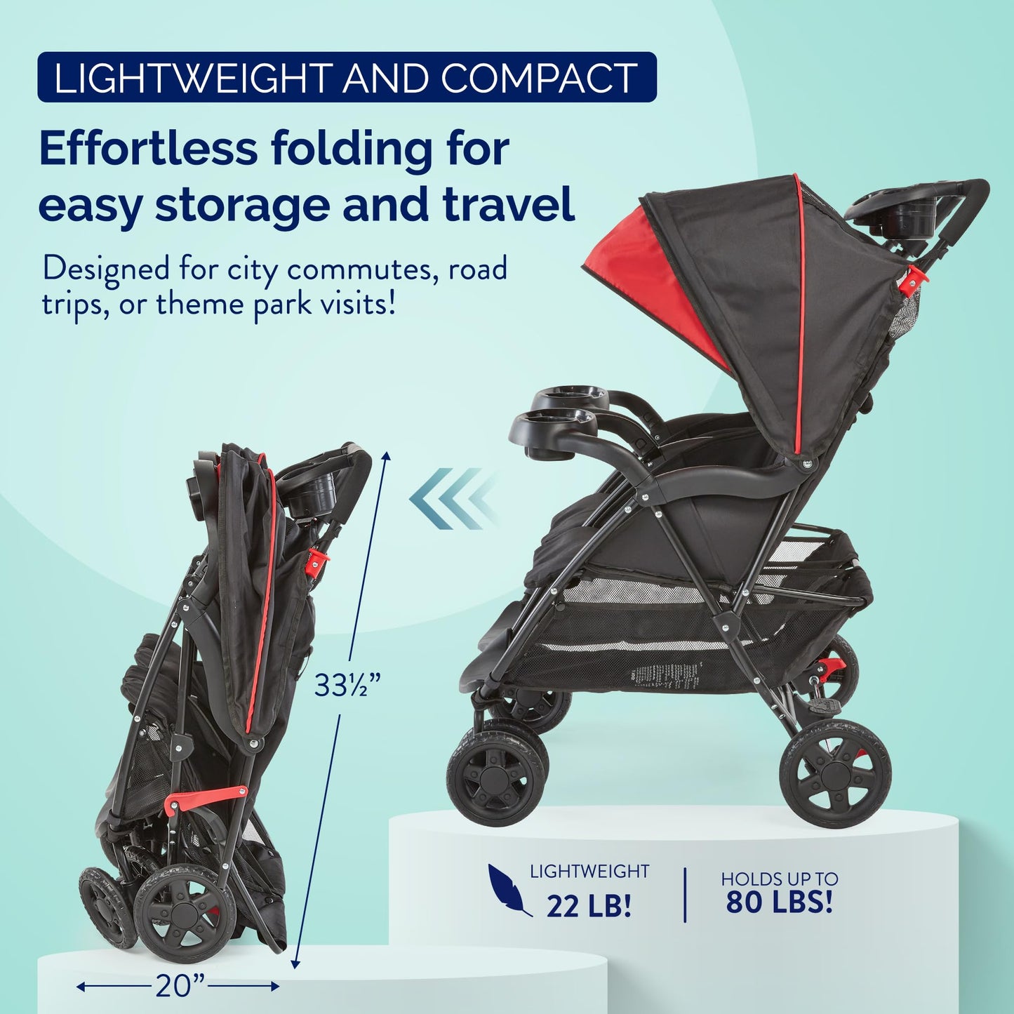 Kolcraft Cloud Plus Lightweight Double Stroller Side-by-Side for Infant Toddler, Compact Folding Travel System with Reclining Seats, Canopies, Storage Basket, Trays, Easy Maneuver – Red Black