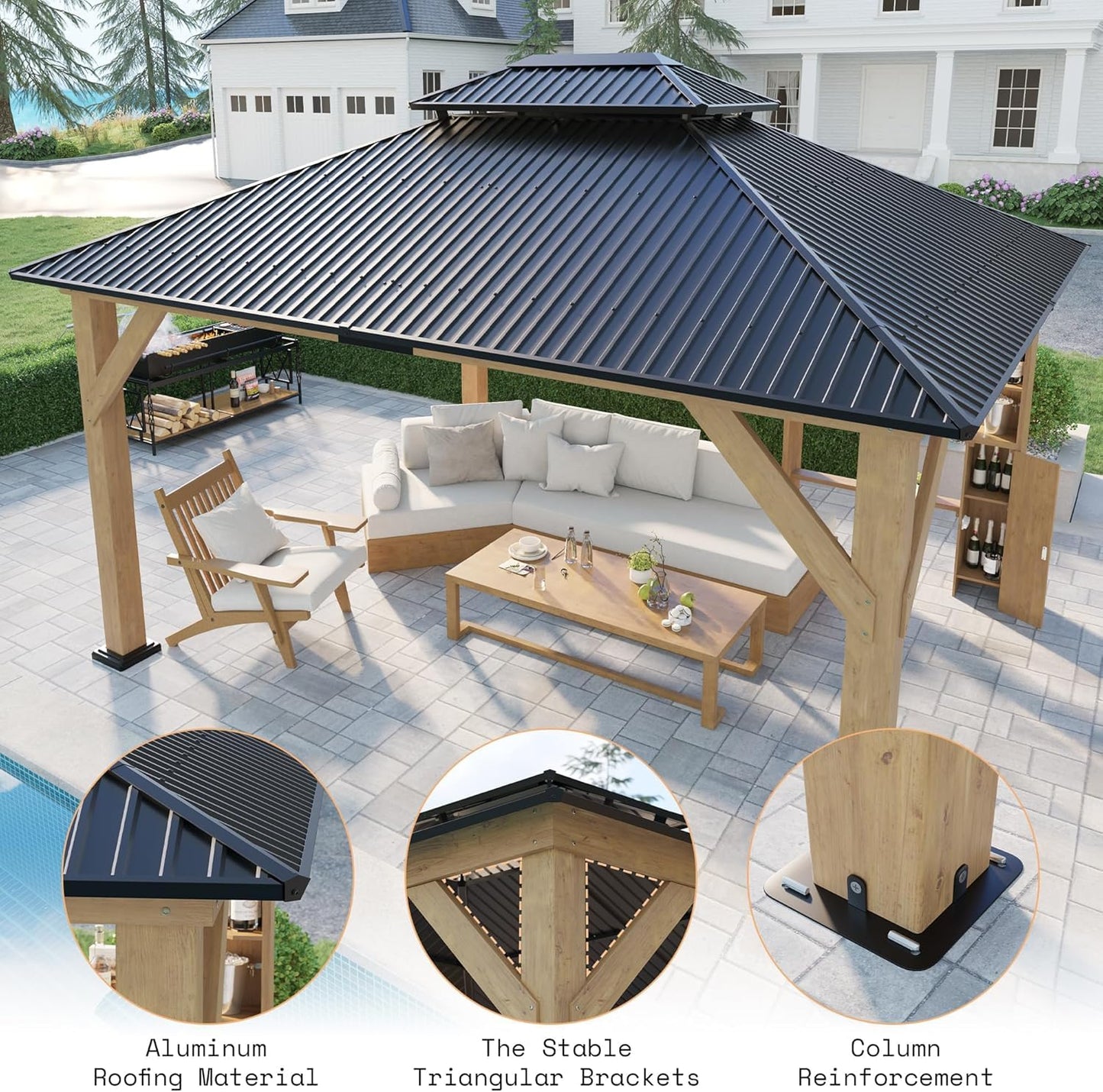 AMERLIFE 13x15 Spruce Wood Hardtop Carport, Outdoor Gazebo with Double Metal Roof & Storage Bar, Paviloin with Wood Frame for Patio, Parties, Garage, Lawns