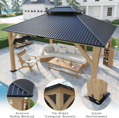 AMERLIFE 13x15 Spruce Wood Hardtop Carport, Outdoor Gazebo with Double Metal Roof & Storage Bar, Paviloin with Wood Frame for Patio, Parties, Garage, Lawns