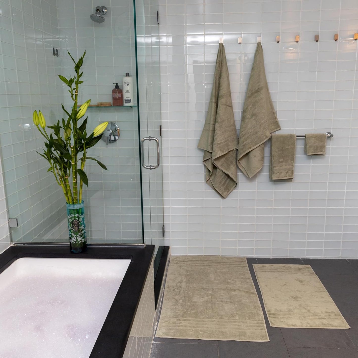 Set 12 13X13 700 Mosobam Luxury Turkish Towels of Washcloths Seagrass Green GSM Bamboo Viscose & Aegean Turkish Combed