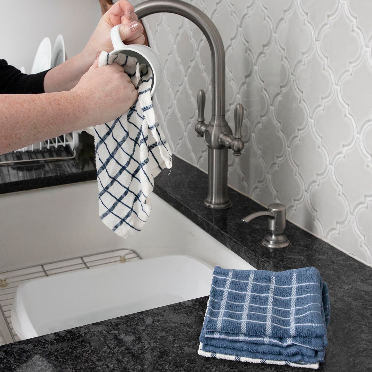 Ritz Premium 100% Cotton Terry Check Kitchen Dish Cloths - Highly Absorbent, Super Soft, Long-Lasting, 12"x12", 6-Pack, Federal Blue