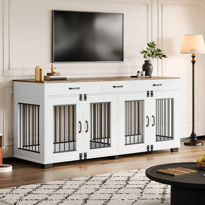 Garvee 71 in Large Dog Crate Furniture for 2 Dogs with 3 Drawers, Heavy Duty Double Indoor Dog Kennel and TV Stand for Medium Large Dogs, Brown & White