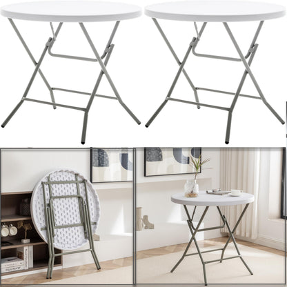 BTEXPERT Set of 5, White 2.63 Foot Round Plastic Folding 30" Height Commercial Portable for Banquet Card Plastic Coffee Dining Wedding Party Event Home Kitchen Indoor Outdoor Thick Top Metal Frame