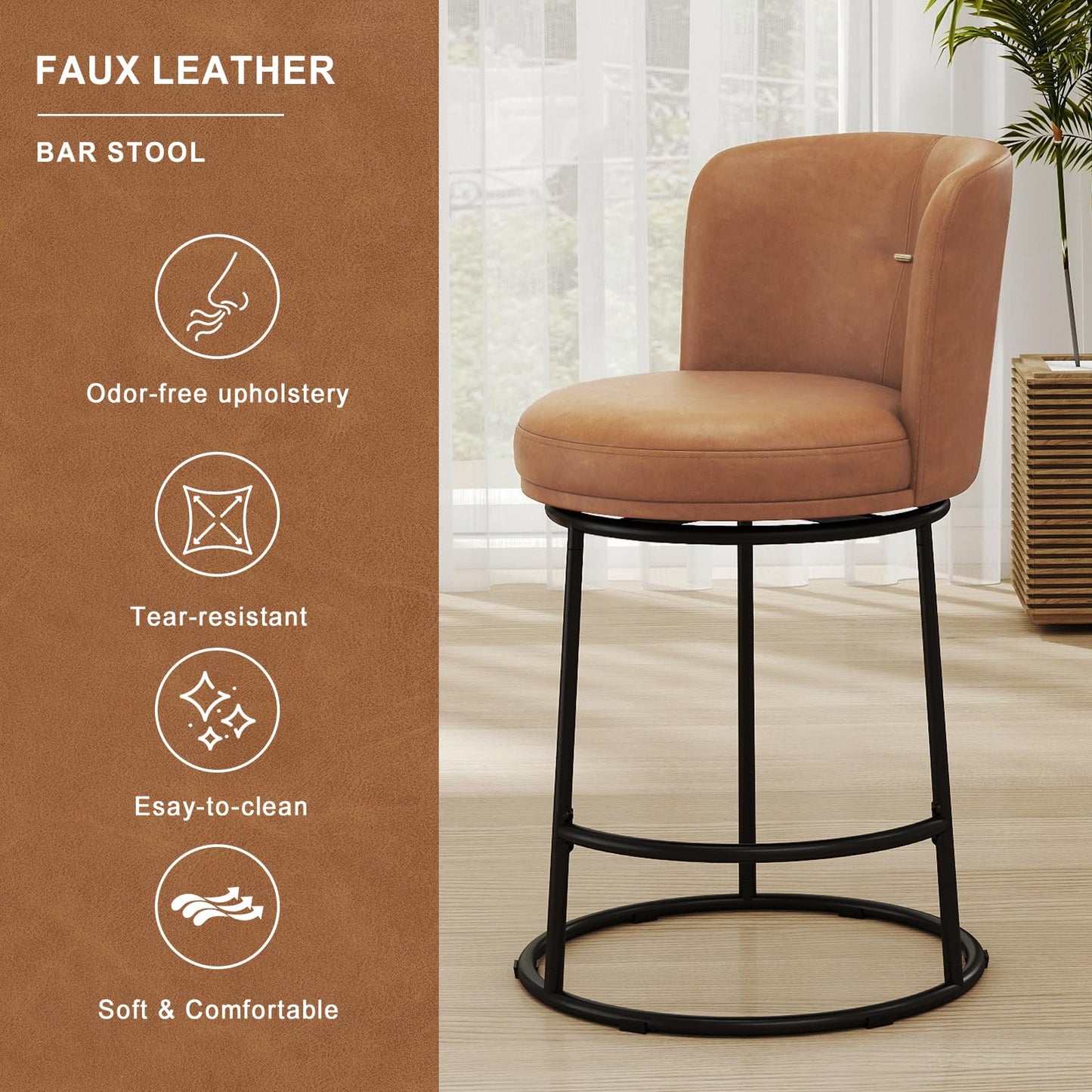 SAECKBERG Swivel Counter Height Bar Stools Set of 4, 26" H Modern Bar Stools for Kitchen Island Counter, Upholstered Barstools with Backs, Counter Height Chairs （Brown, Faux Leather）