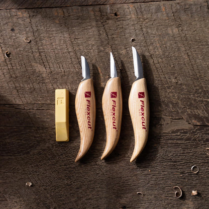 Flexcut Wood Carving Knives | Starter Set of 3 Woodcarving Knives | 1095 High Carbon Steel Blades | Ergonomic Ash Wood Handles for Beginners and Hobbyists | KN500 | Made in the U.S.A