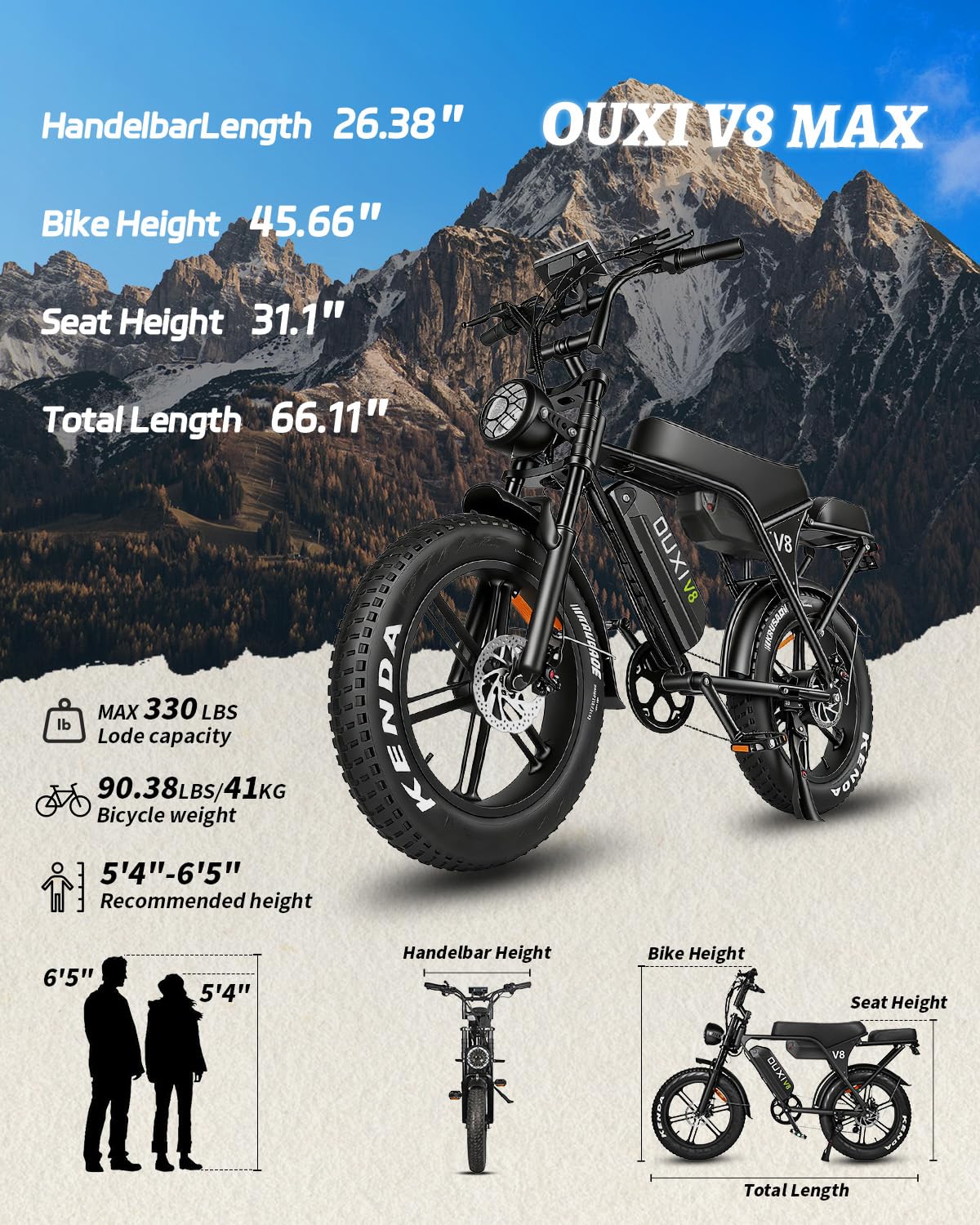 OUXI V8 Max Electric Bike for Adults, Electric Mountain Bike with Dual 48V 15Ah Removable Larger Battery, Peak 1000W Motor Adult Electric Bicycles, 20''x 4.0 Fat Tire E Bike, Hydraulic Brakes